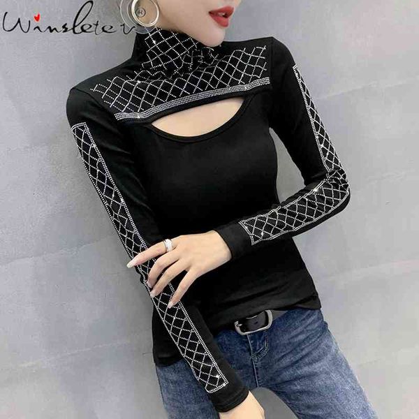 

women's t-shirt fall winter european style t-shirt fashion hollow out shiny diamonds elegant women ropa mujer cotton tee, White