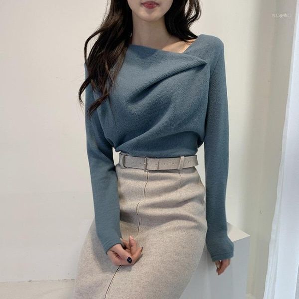 

women's sweaters one-shoulder long-sleeved bottoming shirt, autumn and winter style, slim slimming fashion all-match knitted top, White;black