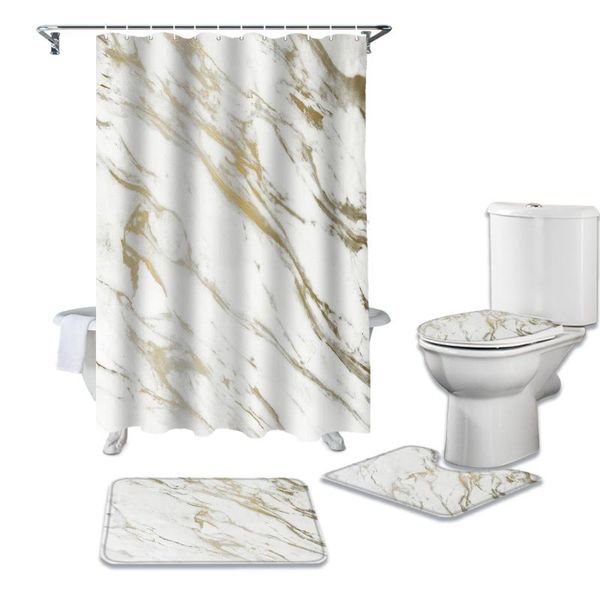 

shower curtains white and gold pattern marble bathroom curtain set bath mat sets with hooks non-slip pedestal rug toilet cover