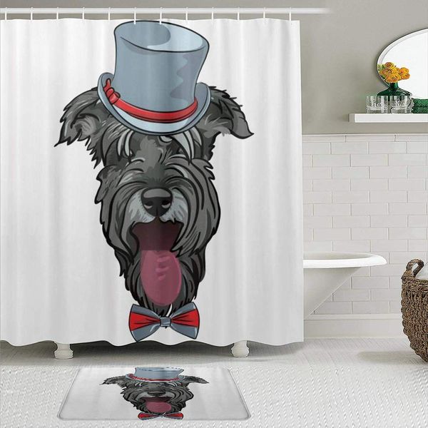 

fabric shower curtain and mats set,hipster dog schnauzer,waterproof bath curtains with 12 hooks,non slip rugs