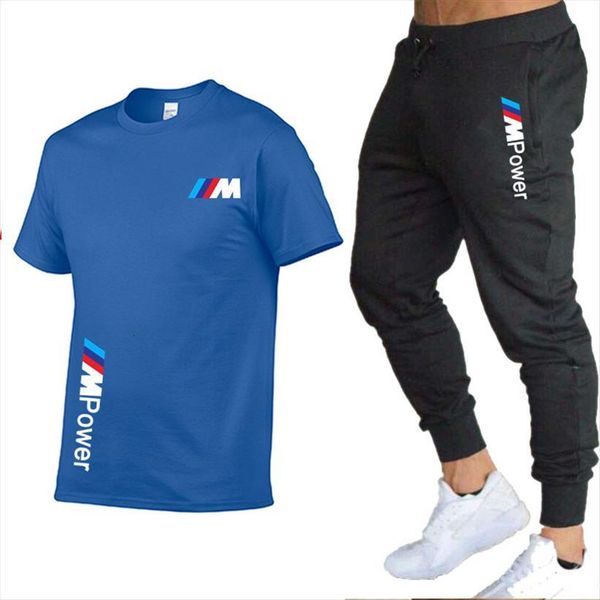 

2 piece sportswear bmw men tracksuit print short sleeved pants suit cotton casual t shirt, Gray