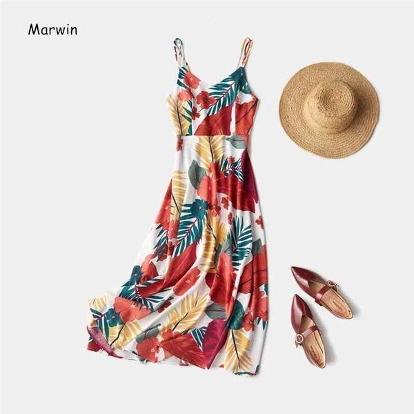 Marwin Primavera Estate Beach Style senza maniche con cinturino per spaghetti Impero A-Line alla caviglia floreale con scollo a V Abiti da donna 210325