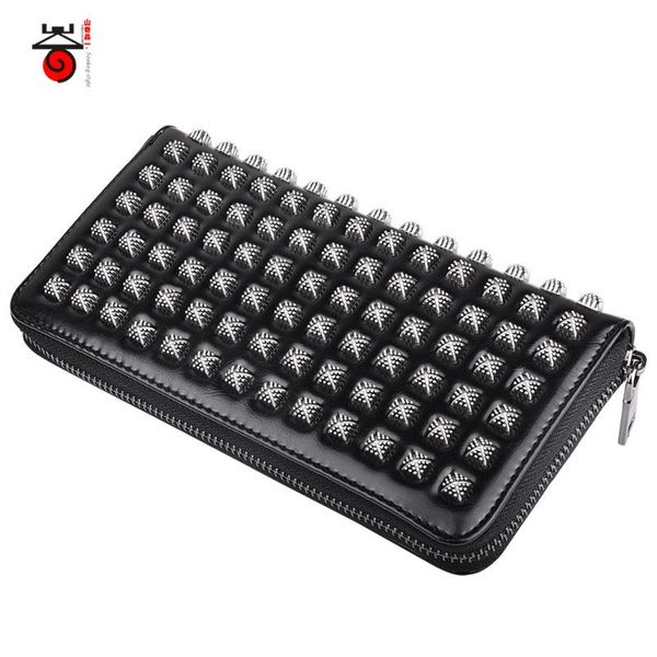 

business personality horizontal wallet female hand bag pocket change purse pu rivet multi card long man wallets, Red;black
