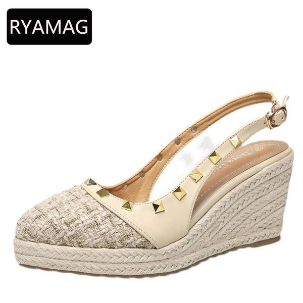 

sandals ryamag women's platform wedges 2021 summer pointed rivet pvc straw woven thick-soled high-heeled shoes women, Black