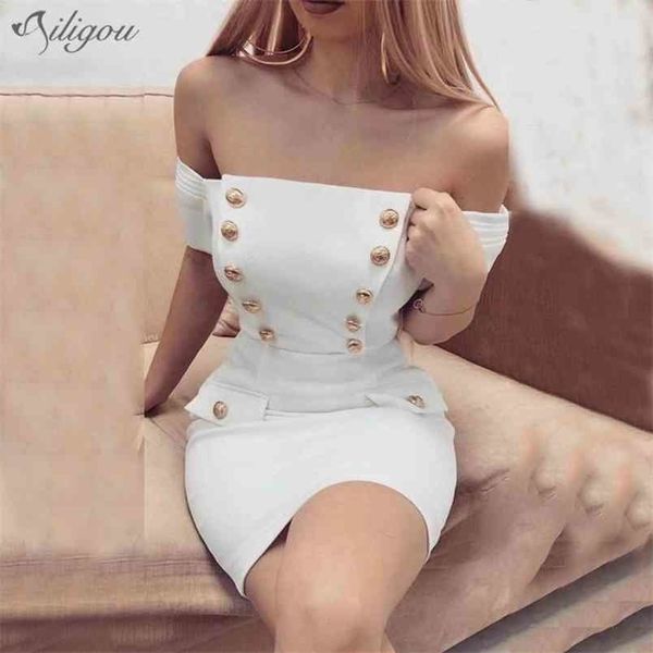 

women summer off shoulder button white mini bodycon bandage dress elegant evening party club vestidos 210525, Black;gray