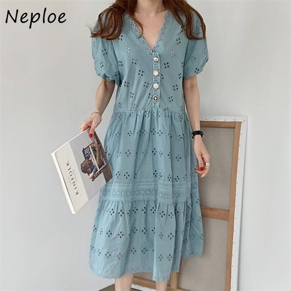 Schwere Arbeit Stickerei Spitze Kleid Frauen V-ausschnitt Puff Kurzarm Lange Vestidos Hohe Taille Hüfte Eine Linie Robe Sommer OL 210422