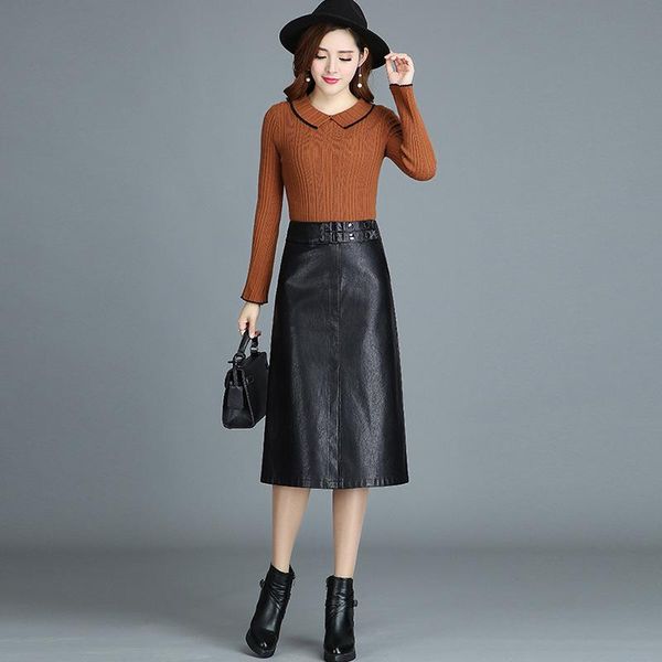 

skirts 100% real sheep leather women elegant genuine skirt empire autumn spring midi ladies a-line knee-length bottoming, Black