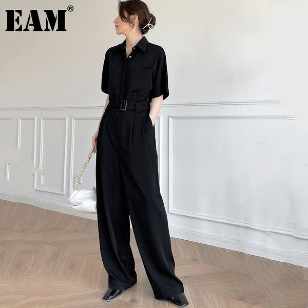 

[eam] casual pockets belt loose fit women jumpsuit high waist pocket stitch wide leg pants fashion summer 1dd7611 210512, Black;white