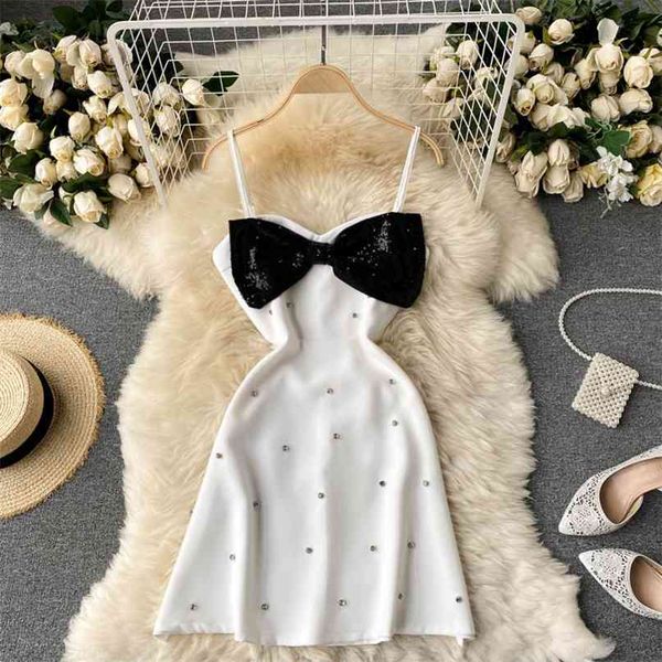 

women fashion retro bead sequin bow slim mini a-line dress summer sleeveless clothes vestidos de mujer r958 210527, Black;gray