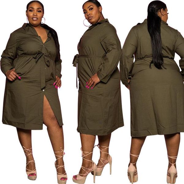 

casual dresses plus size women shirt dress autumn est turn down neck long sleeves elegant lady club with sash single-breasted, Black;gray