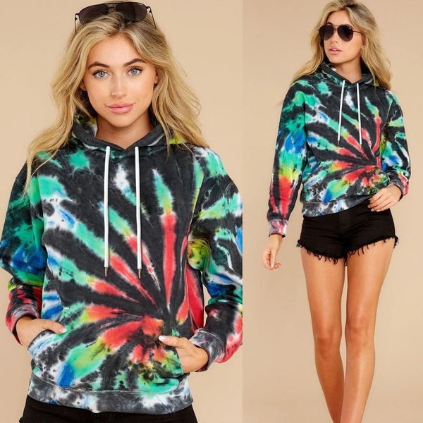 

women winter long sleeve drawstring hoodies colorful spiral tie dye digital print sweatshirt baggy oversized loose hip hop pullo women', Black