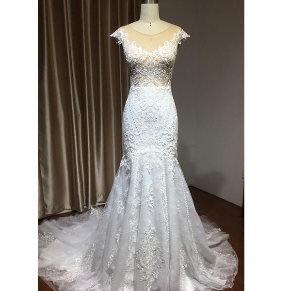 

mermaid wedding dresses scoop neck luxury ivory lace backless bridal gowns appliques tulle plus size custom design, White