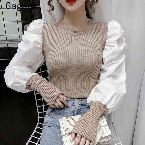 

office lady women sweater spring autumn o-neck patchwork puff sleeve knit sweaters korean chic wild pullover 210531, White;black