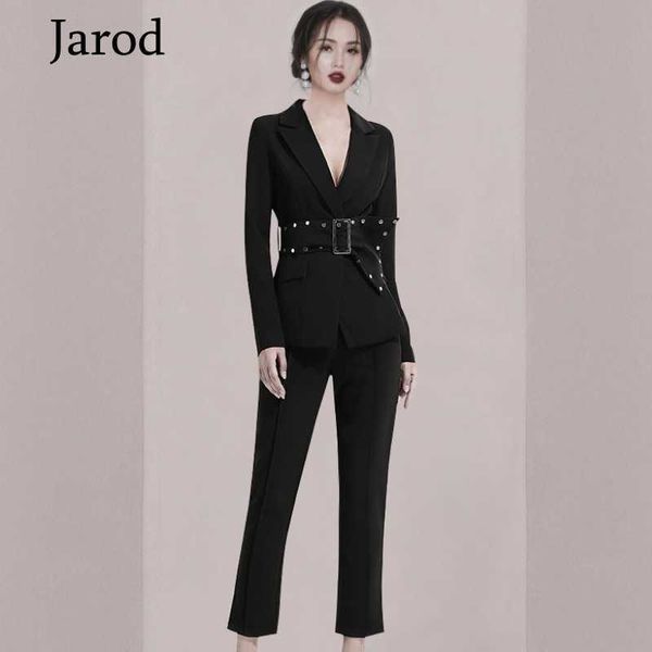 

business spring autumn women 2 piece set formal black long sleeve notched blazers coat+ol pencil pant suit with belt 210526, White;black