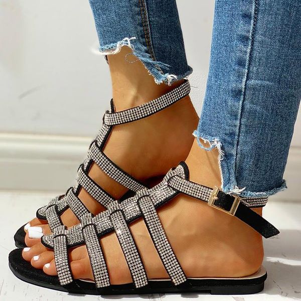 

women's sandals woman gladiator ankle straps women outdoor crystal bling slides female beach shoes ladies fashion 2021, Black