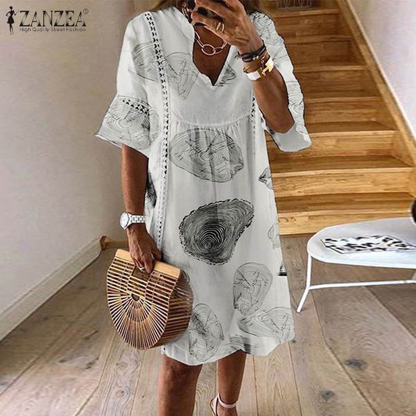 

dresses vintage printed dress women summer sundress 2021 casual flare sleeve knee length vestidos female lapale robe plus size, Black;gray