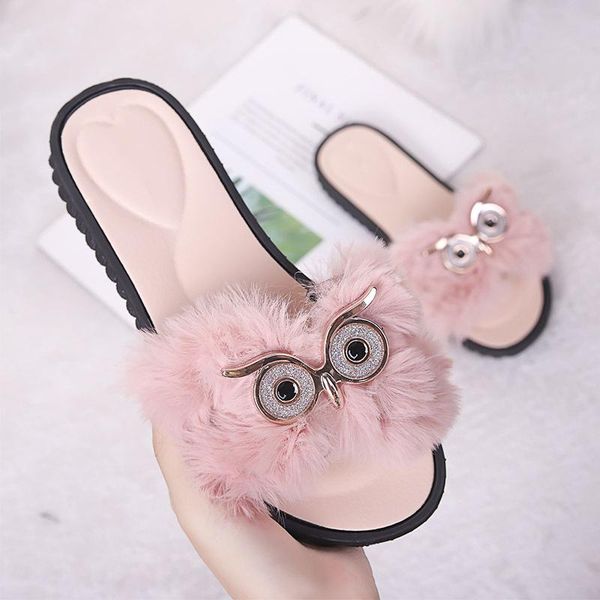 

slippers summer women fur cute animal woman flat shoes fashion ladies slides non slip comfortable furry female western, Black