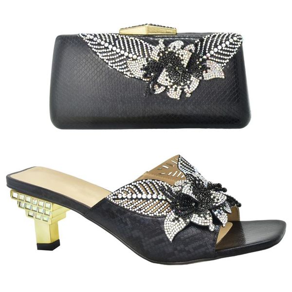 

dress shoes nigerian wedding and bag set decorated with rhinestone italian shoe for party in women open toe pumps, Black