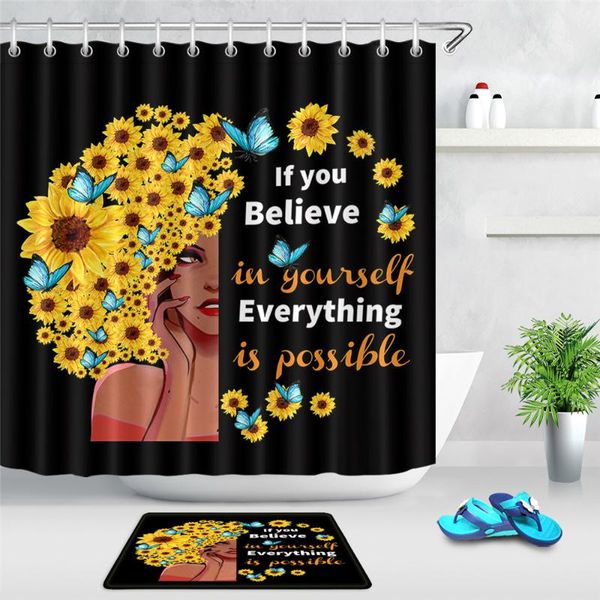 

black girl shower curtain sunflower butterflies afro decorate african women head funny art curtains