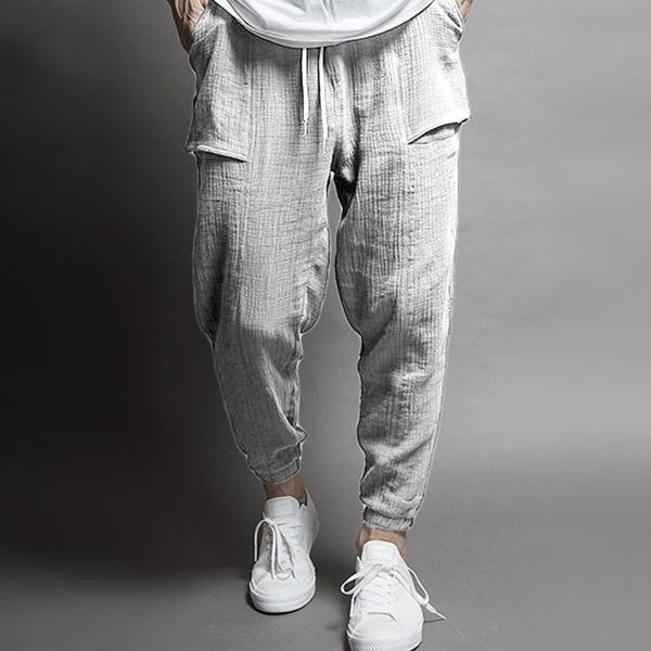 

mens hip hop cotton linen pants drawstring waist pocket loose pencil casual harem sweatpants trousers men's, Black