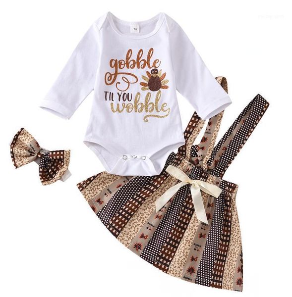 

baby & children's thanksgiving born girls clothing set round collar romper + brown plaid printed skirt, 0-18 months sets1, White