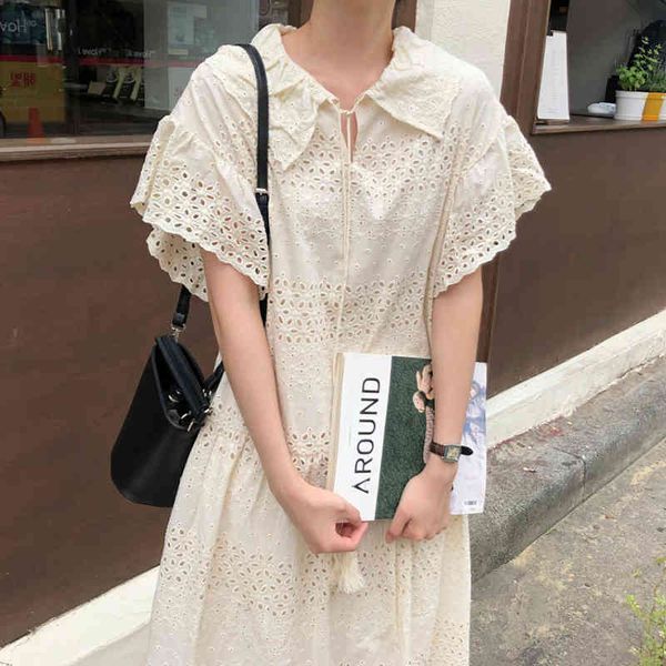 

[ewq] new summer fashion temperament casual lapel hollow crochet stitching design loose flying sleeve robe dress 16f1249 210423, Black;gray