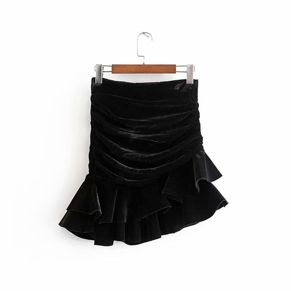 

vintage chic ruched asymmetrical velvet skirt za fashion women back zipper mini skirts casual jupe femme 210319, Black