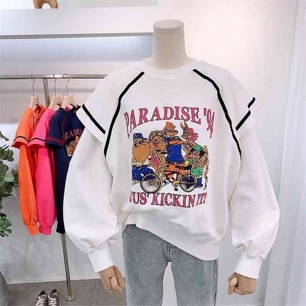 

women's spring autumn thin 2021 new korean ins fashion ruffle cartoon printing loose and versatile clothes, Black