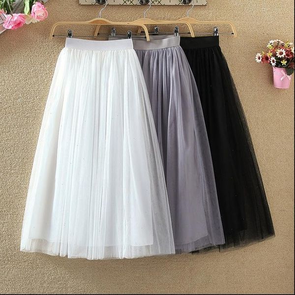 

summer korean high waist women skirt mid length a line mesh gauze midi, Black