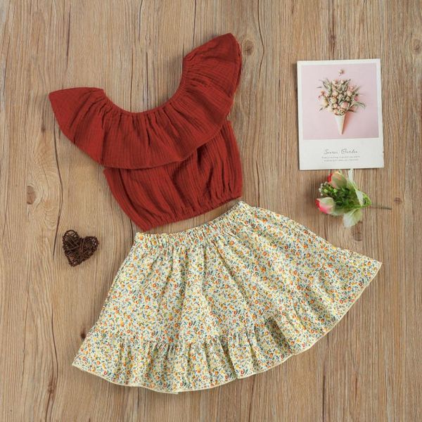 

clothing sets 2pcs toddler girls summer 2021 outfits, sleeveless solid color ruffle crop + ruffles floral skirt set, White