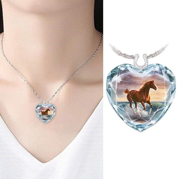 

pendant necklaces fashion crystal horse art necklace handmade faceted heart-shaped characteristic artwork gift, Silver