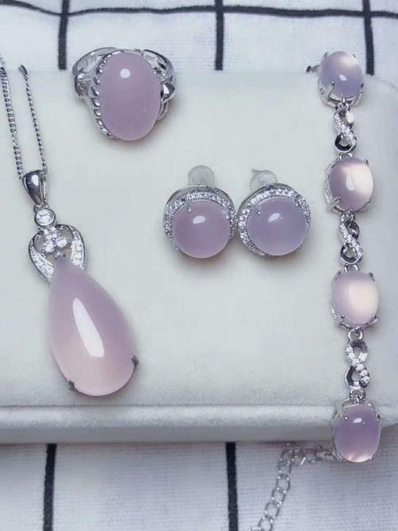 

bracelet, earrings & necklace c26#925 silver inlaid natural chalcedony set, Black