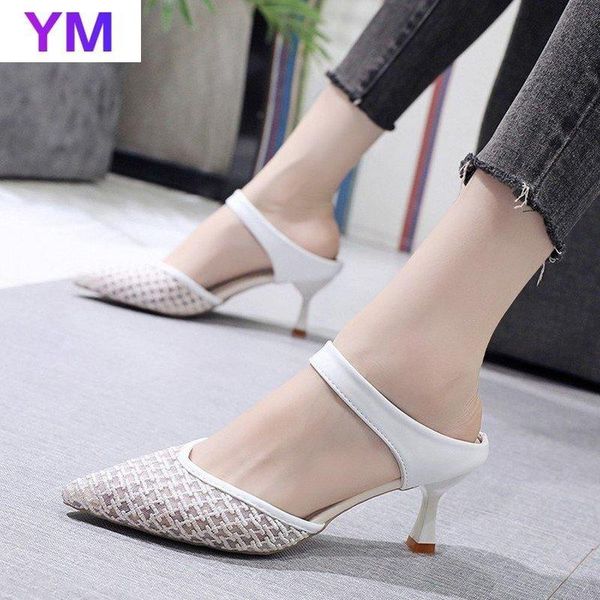 

dress shoes office women's mesh slip-on high-heeled sandals summer outdoor semi-trail pointed toe thin heels slippers casual womens, Black