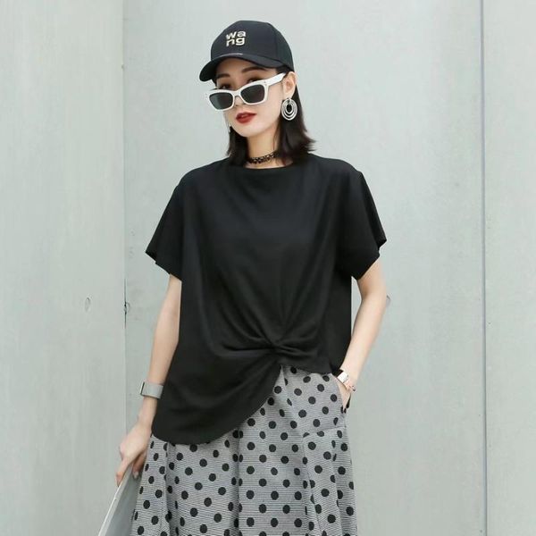 

twisted pleated irregular tees women short sleeve o-neck t-shirts 2021 summer korean solid shirt women's t-shirt, White