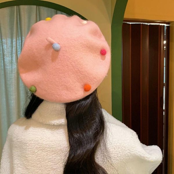 

berets korean version of woolen wool ball beret women autumn winter all-match british hat japanese sweet and cute painter, Blue;gray