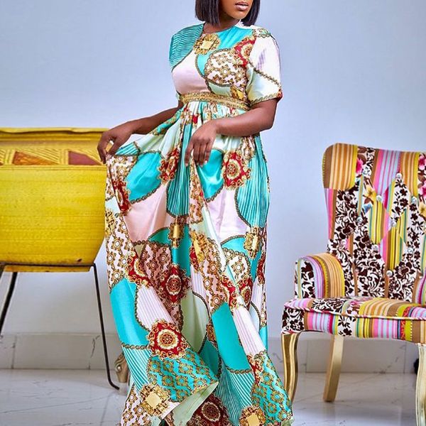 

y2k geometric pint african women dress summer 2021 short sleeve elegant long robe femme 3xl maxi casual womens dresses, White