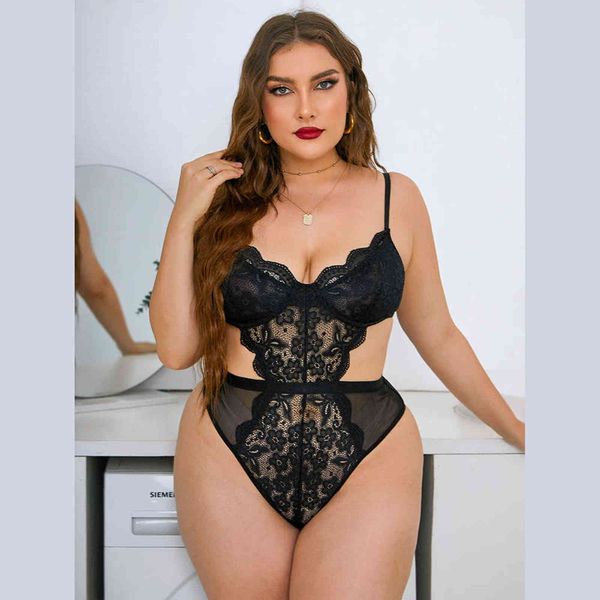 

lingerie plus size women's deep v back cross strap perspective flower fun bodysuit 17107, Black;white