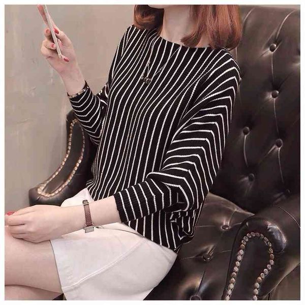 

women spring striped sweater batwing sleeve o neck lady pullover casual computer knitted for girl 210427, White;black