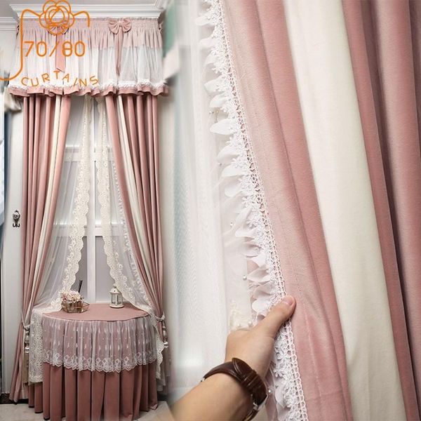 

curtain & drapes french high-end pink princess style pure color flannel lace stitching curtains blackout for bedroom living room