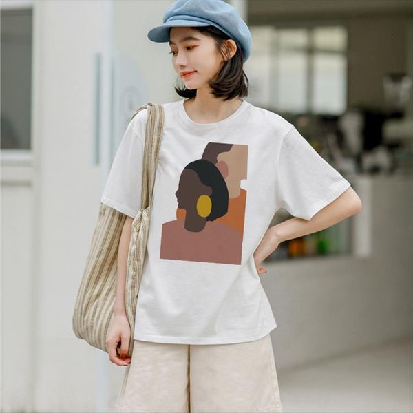 

vintage abstract painting retro summer womens t shirts casual short sleeved korean style thin round neck harajuku tees, White