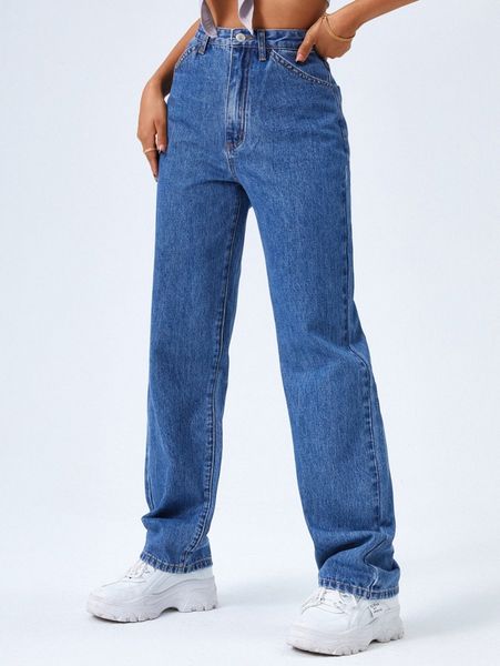

high waist straight leg jeans i5du#, Blue