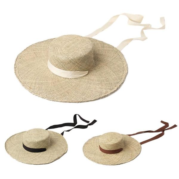

wide brim hats straw sun hat for women outdoor activities long ribbon decoration cap 68ua, Blue;gray