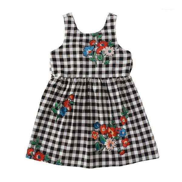 

girl's dresses summer girl dress sleeveless floral print plaid children clothing1, Red;yellow