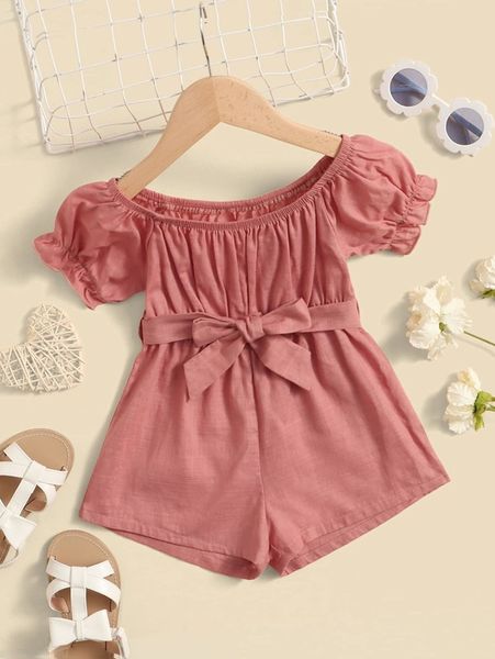 

baby puff sleeve belted romper she, Blue