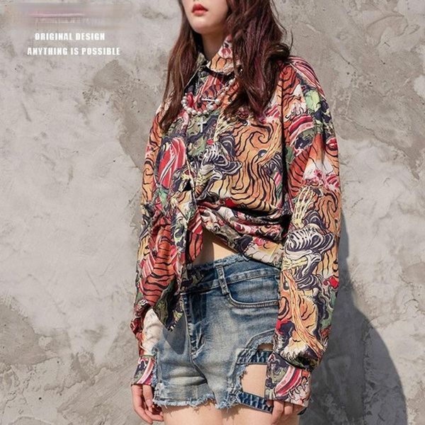 

hip hop retro tiger chinese style japanese ukiyo drawing cardigan country loose ruffian handsome long sleeve shirt plus siz men's casua, White;black