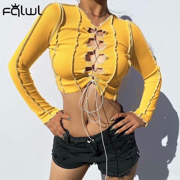 

women's t-shirt women ribbed long sleeve bodycon t shirt hollow out lace up crop 2022 ladies party clubwear black t-shirts to, White