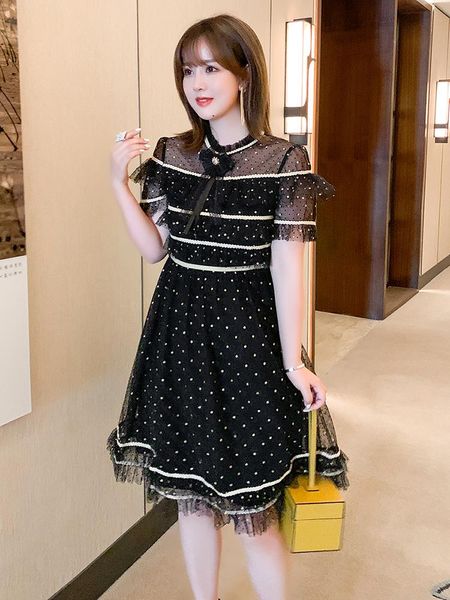 

casual dresses stitching flounce gold dot gauze waist skirt dress 2021 summer, Black;gray