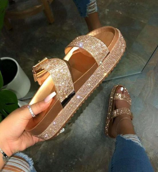 

sandals spring/summer women double-layer rhinestone buckle outside wild beach slippers ladies leisure home flip flop 0l11, Black