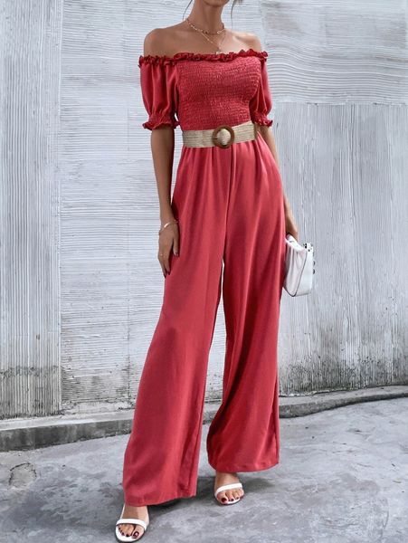 

off shoulder shirred bodice jumpsuit without belt b4im#, White