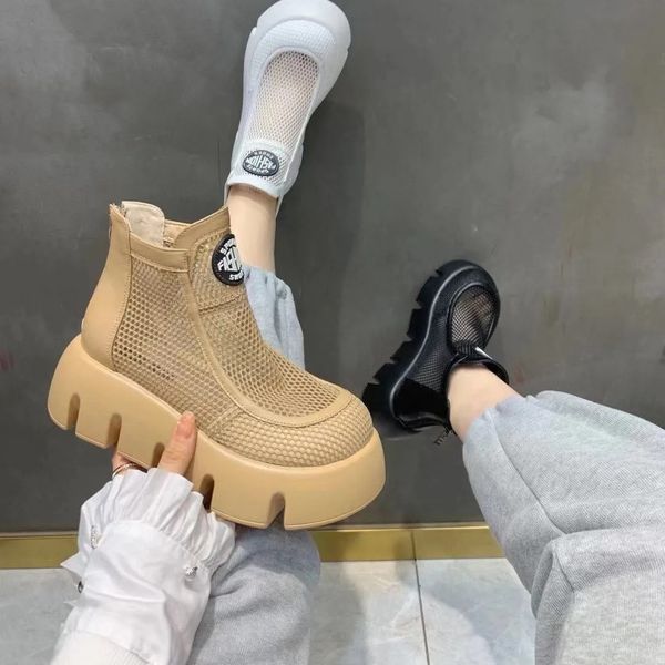 

rimocy breathable mesh summer ankle boots for women fashion black beige zip lace up casual shoes woman flat platform cool boots